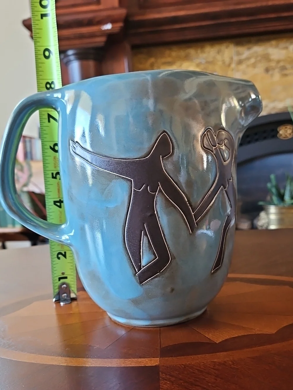 Vintage Design by Mara Mexico Art Pottery Pitcher Blue Stoneware Folk Art Figure